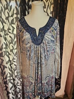 Madison & Berkeley Navy Beaded Paisley Tunic with Silver Base